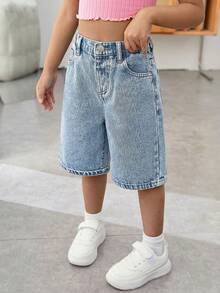 SHEIN Young Girl Y2K New Fashion Casual Soft Boho Pink Bowknot And Cherry Print Light Blue Loose Fir Cotton Denim Long Jeans Shorts Spring Summer,For Spring/Summer Dailywear,Streetwear,Beach,Vacation, Casual, Graphic Jeans,Short,4-Year-Old Shorts,Summer Shorts,Casual Shorts,Bowknot Shorts,Cherry Shorts - Light Wash - View 5