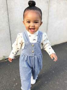 SHEIN Little Byeori Baby Girl Casual Washed Frayed Loose Denim Jumpsuit, Spring/Autumn - Light Wash - View 5