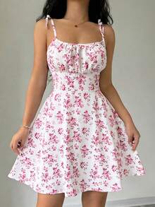 Rafferiza Ladies' Spaghetti Strap Tie-Back Floral Print Pleated Cami Dress Mini Short Women Outfit - Multicolor - View 3