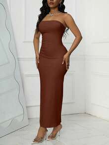 VaVaBold Split Thigh Tube Bodycon Dress Maxi Women Outfit - Brown - View 6