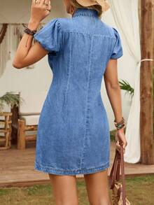 EMERY ROSE Women's Short Puff Sleeve Front Tie Single-Breasted Casual Denim Dress - Light Wash - View 2