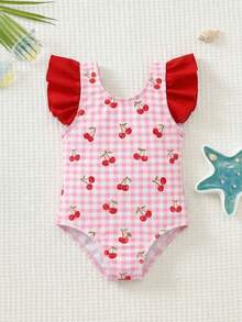 LMoss Kids 女婴樱桃印花撞色荷叶边袖口蝴蝶结露背连体泳衣，沙滩/度假风 - 彩色 - 查看 3