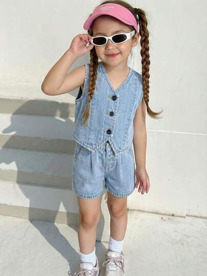 SHEIN Set de 2 piezas de chaleco sin mangas de mezclilla y shorts holgados para niñas