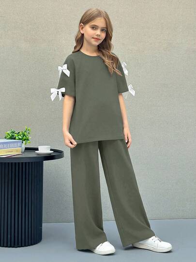 Firerie Kids Firerie Kids Nova Glow Tween Girls Solid Color Round Neck Bow Loose T-Shirt & Baggy Long Pants 2 Pieces Casual Set Tween Girl Pants And Top Set Girls 2 Piece Pants Set Girls Green Pants Set 2 Piece Girls Shirt Set Wide Leg Pants And Top For Kids,Kids