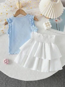 Genkimix Kids Young Girl'Cute Summer Vacation Ruffled Vest Paired With Patchwork Cake Skirt,Handmade Floral 3D Knit Light Blue Skirt Set For Family Matching,2pcs - Blue - View 2
