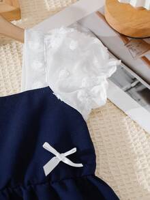 SHEIN Spring/Summer New Girls Chiffon Puff Sleeve Patchwork Cute Bowknot Vacation Dress - Royal Blue - View 4