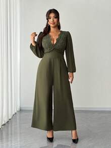 Elenzga 大码女式新款蕾丝拼接V领休闲宽松连体裤，长袖优雅连体裤，适合春夏穿着，松紧腰带 - 綠色 - 查看 4