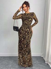Rafferiza Petite 女士豹纹圆领长袖休闲长连衣裙套装 - 駝色 - 查看 4