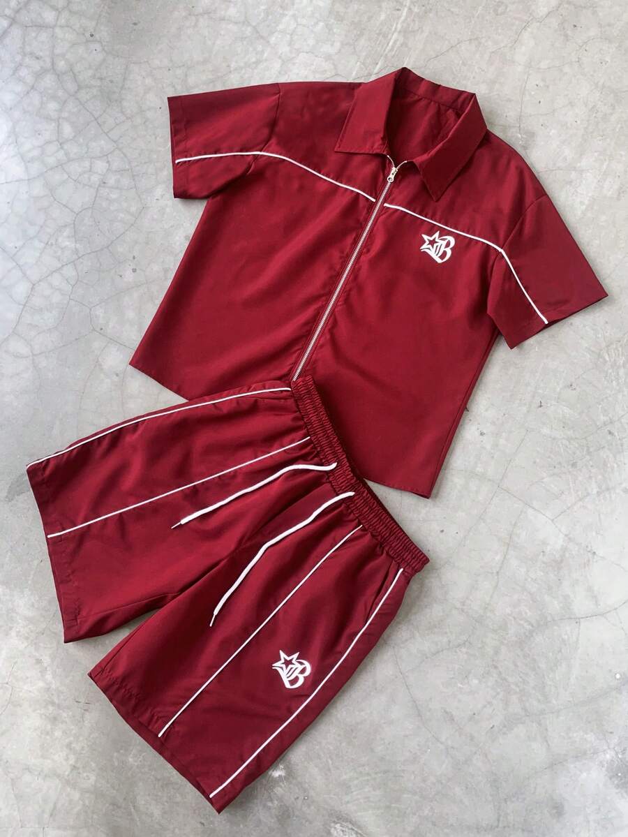 STYNVO Bộ 2 món áo sơ mi ngắn tay và quần short in hình ngôi sao, khóa kéo phía trước, viền tương phản dành cho nam. Bộ đồ nam màu đỏ, quần short nam, bộ đồ nam 2 mảnh, màu đỏ, phong cách thường ngày. - Màu Đỏ Sâu - Xem 1