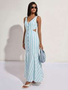 COSMINA 女士蓝白条纹V领纽扣腰部镂空露背鱼尾长连衣裙，休闲优雅度假婚礼派对生日约会长裙 - 藍白色 - 查看 5