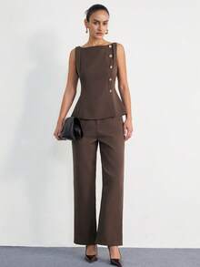 Zanirela 摩卡棕色无袖女士两件套西装，挺括的西装面料，修身剪裁，无袖上衣侧边饰有金色纽扣，直筒裤，现代简约风格，适合办公室、商务会议、通勤、精致休闲穿着。 - 咖啡棕 - 查看 6