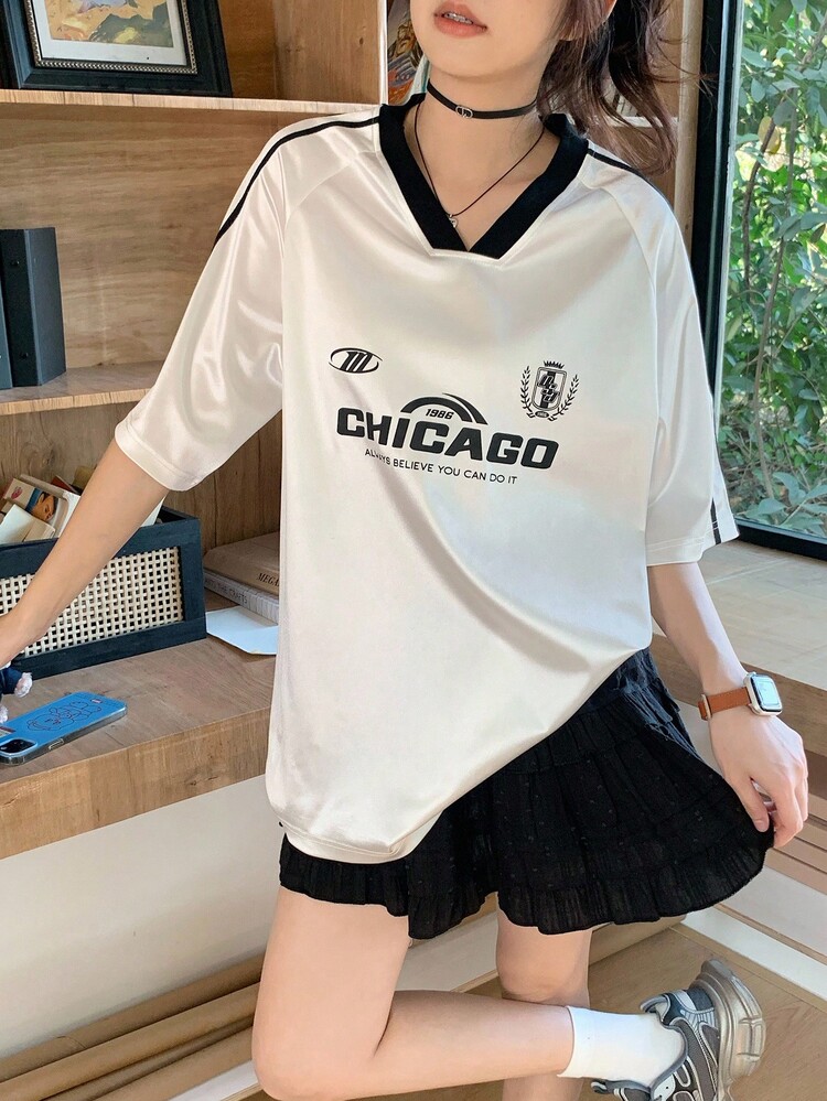 Dazy Kids Teen Girls V-Neck Raglan Sleeve Casual Loose Fashion Printed T-Shirt - White - View 3