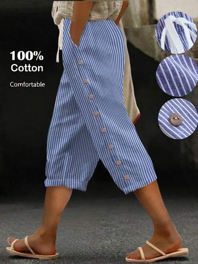 Linhara CURVE Plus Size Women's Linen Striped Casual Comfortable Basic Striped Pants, Suitable For Daily, Vacation, Beach, With Button Decor Capri Pants 100 Percent Cotton Clothing Women Comfy Sets Women Summer Summer Co Ords Women Coords Sets For Women Summer Long Shorts Sets For Women Spring Summer Clothes Cotton Pants Cropped Pants  Spring Summer Picks Mother's Day Outfit