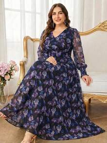 Reflora Đầm cỡ lớn dành cho nữ, in họa tiết hoa, phối lưới, màu tím, thanh lịch. - Nhiều màu - Xem 10