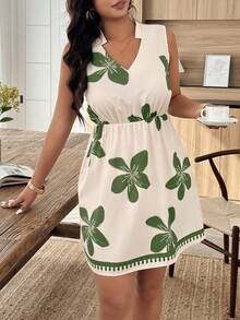 SHEIN LUNE Schwarz-Weiß bedrucktes Kleid in Große Größen - ärmelloser V-Ausschnitt, taillenbetonter A-Linie Mini, Boho-Stil für Urlaub/Lässig/Streetwear (Frühling & Sommer) - Verschiedenfarbig - Übersicht 5