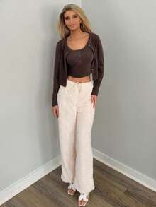 Sydney Algeri 2pcs Women Autumn/Winter Fashion Brown Fuzzy Fitted Crop Top & Cardigan Set Long Sleeve Women - Coffee Brown - View 6