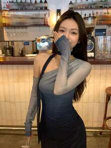 Women's Oblique Shoulder Flounce Long Sleeve Cinched Waist Gradient Elastic Bodycon Dress - Blue - View 1