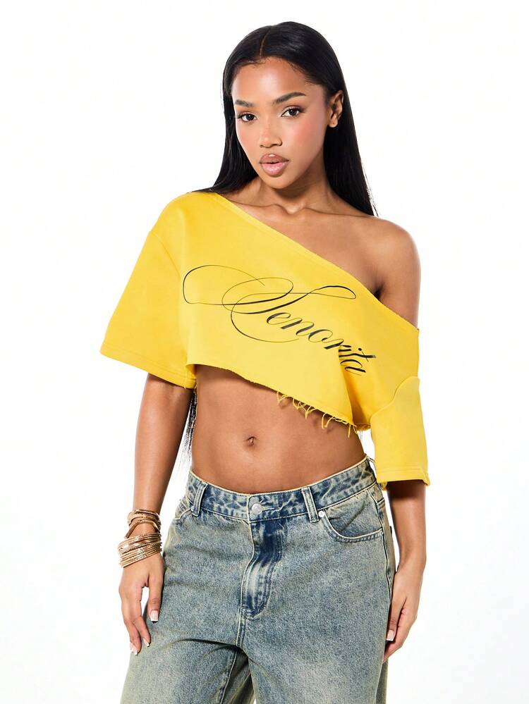 SUMWON Cropped Off Shoulder Graphic Top With Frayed Hem And Script Print Long Sleeve Yellow Sweatshirt For Casual Weekend Wear