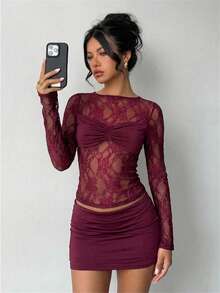 Aloruh Women's Elegant Round Neck Lace Patchwork Top And High Waist Mini Skirt 2 Piece Set,Valentine Outfits For Women,Party Sets For Women - Burgundy - View 1
