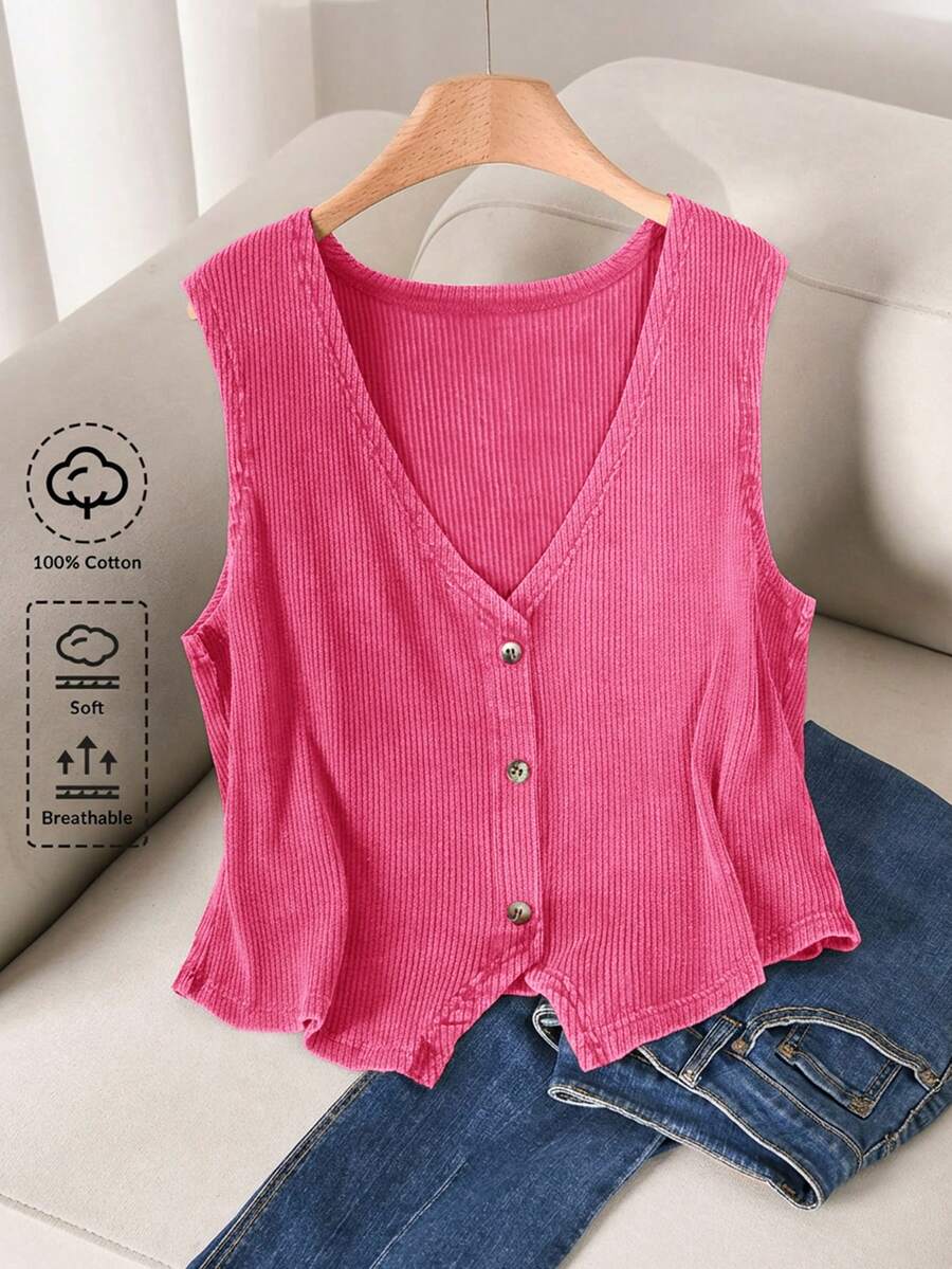 CosyJoli Plus Size Solid Color Minimalist Sleeveless Casual Tank Top - Pink - View 1