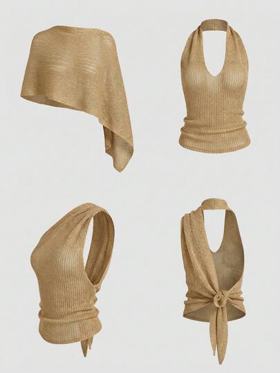 Breezaya Women's New Sexy Design High-End Resort French Elegant Casual Elegant Versatile Lazy Feminine Hot Girl Minimalist Sexy Shawl Collar Irregular Ribbed Pullover Knit Top, Spring/Summer