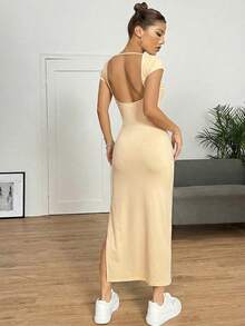 SHEIN EZwear 女士米黄色纯色露背开衩修身Y2K连衣裙，夏季 - Butter Yellow - 查看 2