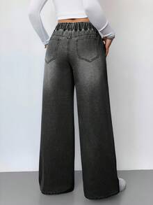 SHEIN Tall Women's Jeans Casual High Waist Wide Leg Trousers Blue Women's Jeans Women's Summer Clothing Elastic Waistband Jeans Jeans Casual Loose Straight Pants Women's Summer Clothing Going Out Clothing Music Festival Clothing Tall Women's - Black - View 2