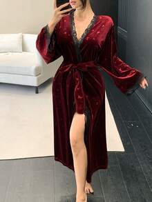 DAZY 蝴蝶印花蕾丝拼接宽松长袖女士睡袍 - 酒紅色 - 查看 8