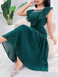Modelyn 女士纯色方领荷叶边褶皱下摆优雅中长连衣裙 - 綠色 - 查看 7