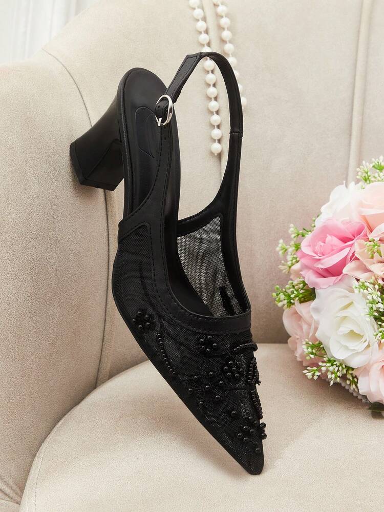 CUCCOO HITCHD Women Shoes Spring Summer Mesh Pearl Decorative Pointed Coarse Heel Fashion Women's Shoes Solid Color Women's High Heel Shoes Daily Commuter Dating Party