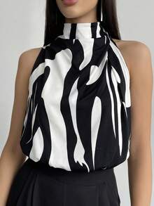 Firerie Blusa de mujer de cuello alto sin mangas con estampado geométrico/abstracto en forma de H - Negro - Ver 4