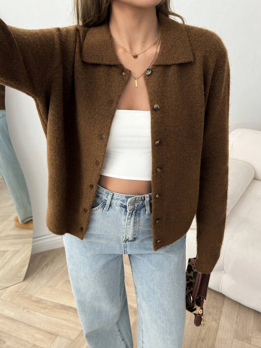 SHEIN Soft Fuzzy Knit Button Front Cardigan With Classic Collar, Cozy Long Sleeves And Elegant Minimalist Autumn Style Sweater Top - Coffee Brown - View 1
