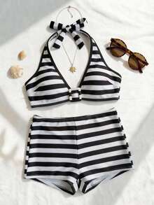 Swim Vcay Women's Vacation Beach Striped Swimsuit Set - Black and White - View 5