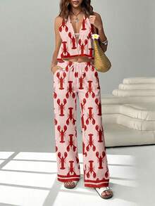 SHEIN EZwear 女士休闲度假两件套，度假装，夏季装，龙虾印花，适合海滩穿着 - 彩色 - 查看 8