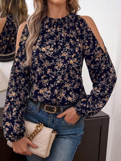 Chiquease Camisa casual de mujer con mangas largas y hombros descubiertos con estampado floral diminuto