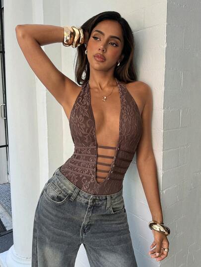 Aloruh Tuta elegante, sexy e romantica da donna per l'estate, adatta per occasioni casual, uscite e appuntamenti, in pizzo, con schiena scoperta, colore marrone caffè