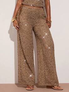 SHEIN BAE Women's Sequin Embellished Loose Wide Leg Pants, Suitable For Summer Vacation - Khaki - View 4