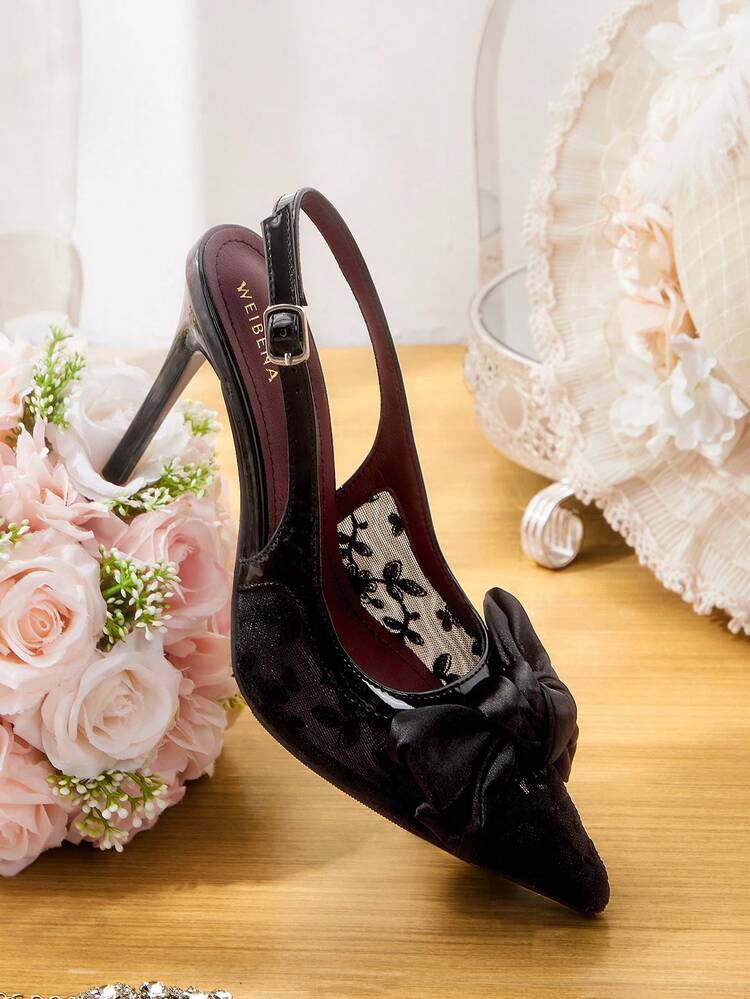 CUCCOO HITCHD Women's Fashionable & Elegant Embroidered Mesh Bow Decor Pumps Valentine's Day Elegant Shoes