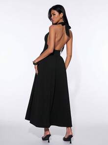 SHEIN ICON Y2k Women's Black Sexy Gown For Prom Night Party Club Princess Solid Color V-Neck Cinched Waist Backless Elegant Halter Long Dress,Spring To Summer Black Vacation Dress Black Sundress Women Black Summer Dress Women Long Black Elegant Dress Black Maxi Dress - Black - View 1