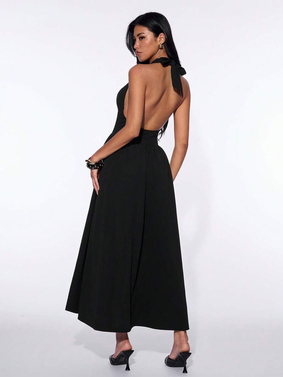 SHEIN ICON Y2k Women's Black Sexy Gown For Prom Night Party Club Princess Solid Color V-Neck Cinched Waist Backless Elegant Halter Long Dress,Spring To Summer Black Vacation Dress Black Sundress Women Black Summer Dress Women Long Black Elegant Dress Black Maxi Dress - Black - View 1