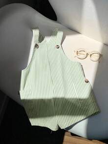 SHEIN 新生儿男女宝宝可爱条纹连体衣，适合春夏室内、室外、日常、运动、玩耍、派对、拍照、度假等各种场合。 - 綠色 - 查看 5