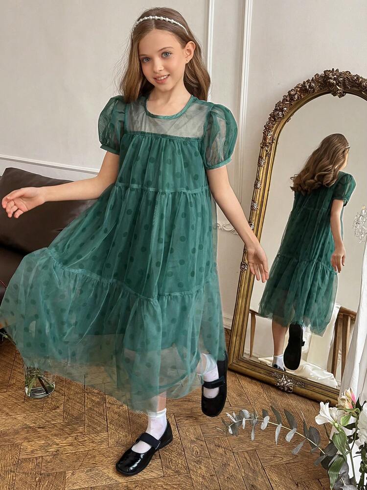 Tween Girls' Round Neck Bubble Short Sleeve Polka Dot Mesh Dress Summer