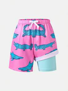 SHEIN Bubblio Conjunto de maiô infantil masculino, modelo justo com estampa de crocodilo, ideal para férias casuais, passeios ao ar livre, festas, viagens de verão à praia e para a primavera/verão. - Rosa - Ver 5