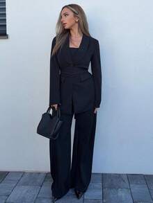 Jeta Ari 3pcs Women's Brown Shawl Neck Suit Set, Women's Casual Commuter Versatile Suit Set, Suitable For Office, Commute, Outing, Loose Casual Suit Set Blazer Set Women Women S Suit Set - Black - View 1