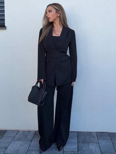 Jeta Ari 3件套女士棕色披肩领西装套装，女士休闲通勤百搭西装套装，适合办公室、通勤、郊游，宽松休闲西装套装