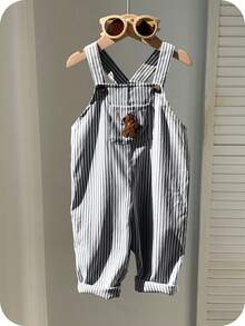 SHEIN Bộ áo liền quần yếm cho bé trai kiểu dáng thường ngày, dễ thương, đa năng, họa tiết sọc hoạt hình hình gấu. - Đen và trắng - Xem 6