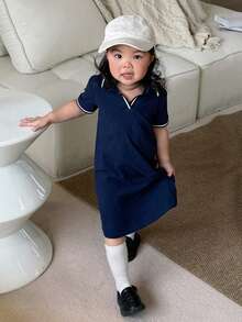 DAZY Toddler Girls' Korean Style Collared Short Sleeve Dress - Blue - View 4