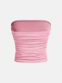SHEIN Essnce 女士束身胸衣基本款褶皱水钻装饰抹胸上衣，休闲日常穿着外出上衣日常派对出席 - 粉色 - 查看 2