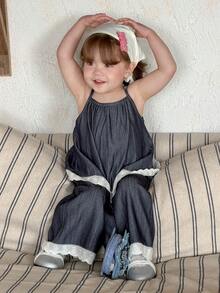 DAZY 2pcs/Set Toddler Girls' Washed Korean Style Lace Camisole & Loose Casual Jeans Pants - Blue - View 4
