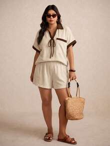 Elaquor Plus Size Contrast Color Short Sleeve Top & Solid Shorts 2 Pieces Set - Apricot - View 2